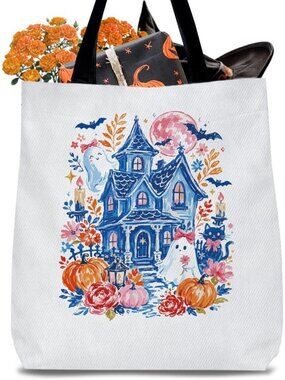 Women White Blue Halloween Breast Cancer Awareness Ribbon Canvas Gift Tote Bag